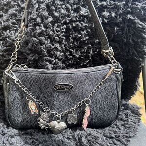 Ed Hardy Black Shoulder Bag with Charm Chain